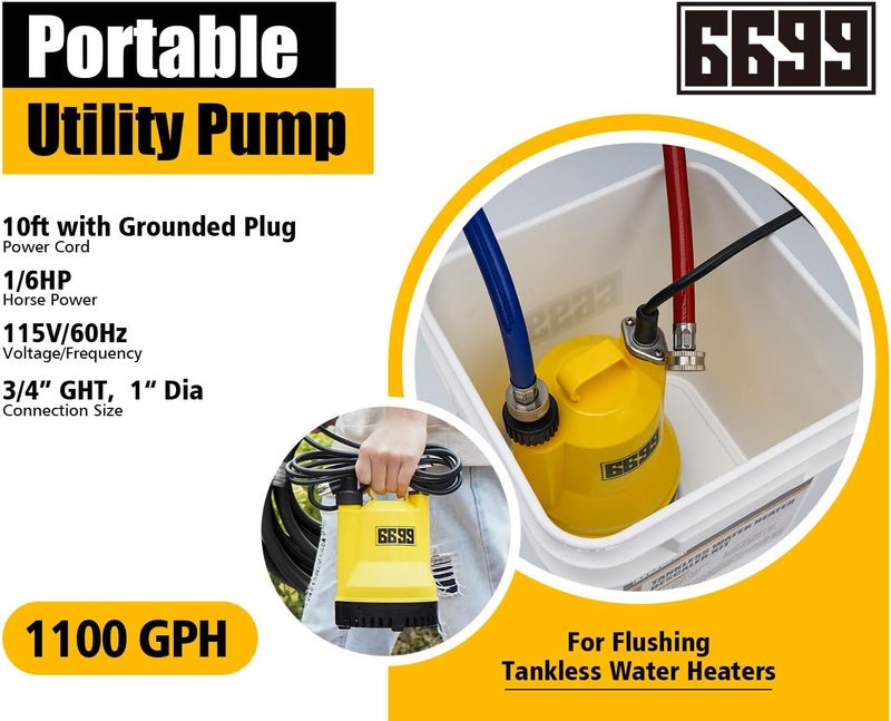 6699 Tankless Water Heater Flushing Kit Includes 1/6HP Submersible Sump Pump with Two Adapters & 3 Gallons Pail with Bucket Lid Opener & Two 1/2” Dia X 6’ PVC Hoses with Washers - Image 3